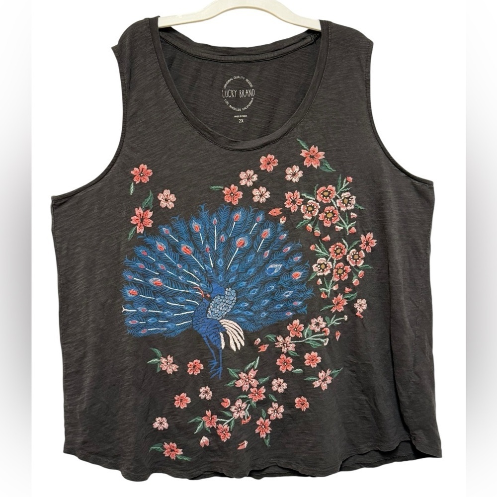 Lucky Brand Peacock Embroidered Tank Top Gray Plus Size 2X Boho
